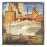Kenneth Denton Shoesmith - Cruise ship moored at Seville, Spain, watercolour and gouache,