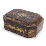 Chinese lacquered work box with base drawer and twin handles, hand painted and gilded with flowers