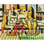 Abstract composition, three figures in an interior, French Impressionist oil on board, framed, 59.