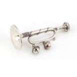 Edward VII silver baby's rattle whistle in the form of a trumpet by Crisford & Norris Ltd,