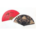 Two Victorian style brise fans including one hand painted with a female catching insects, the