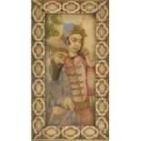 18th century Persian watercolour portrait miniature onto ivory of two noble people, housed in a