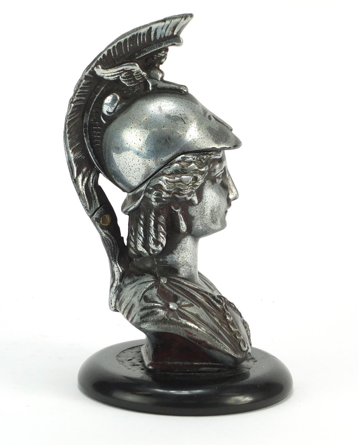 Silvered metal gladiator bust design inkwell with glass liner on circular black slate base, 19cm - Image 9 of 16