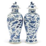 Pair of Chinese blue and white porcelain baluster vases and covers, hand painted with birds