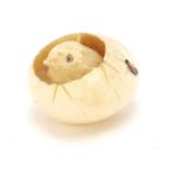 Japanese Shibayama carved ivory chick hatching from an egg, inlaid with insects, 5cm wide : For