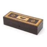 Victorian Tunbridge ware card box with cribbage board hinged lid inlaid with a butterfly, 6cm H x