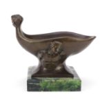 Classical patinated bronze centrepiece decorated with figures, raised on a green marbleised base,