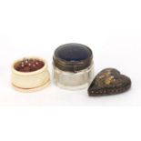 Sewing objects comprising ivory pin cushion, chinoiserie gilded love heart pin cushion and glass