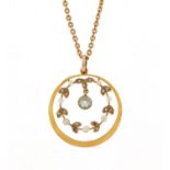 Edwardian 9ct gold aquamarine and seed pearl pendant, 2.5cm in diameter on a 9ct gold necklace, 38cm