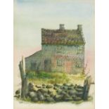 Manner of Mary Fedden - Stone wall before a cottage, watercolour on paper, inscribed verso, mounted,