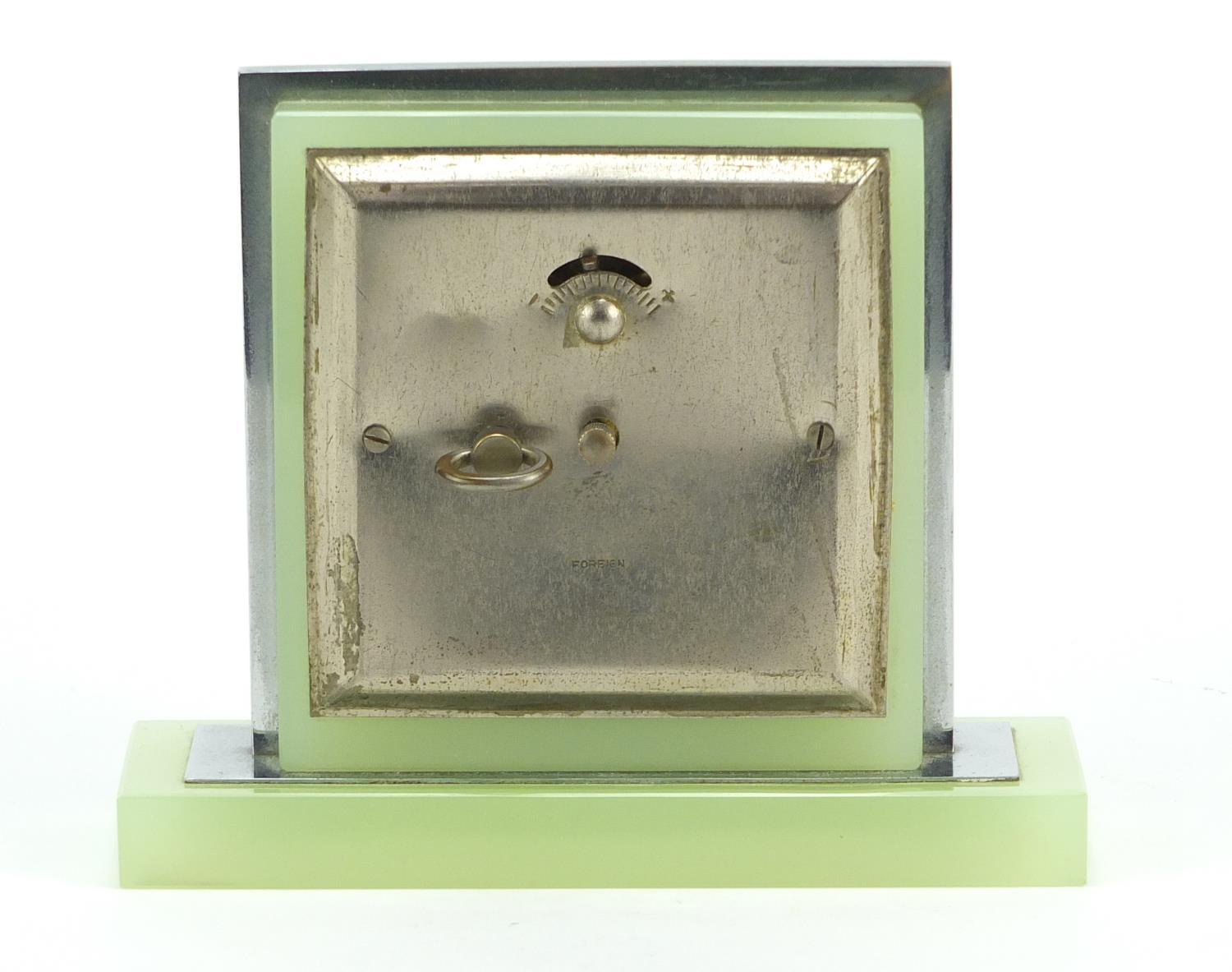 Art Deco chrome and lime green glass desk clock with silvered dial having Arabic numerals, 12cm high - Image 4 of 6