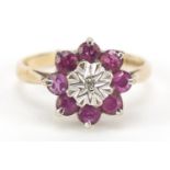 9ct gold ruby and diamond flower head ring, size K, 2.2g : For Further Condition Reports Please