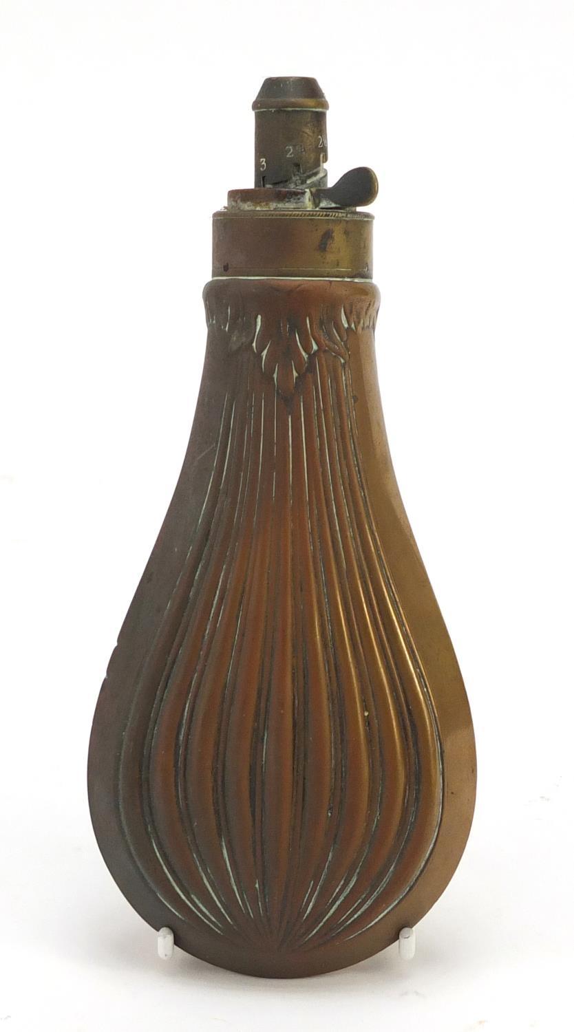 19th century military interest copper and brass powder flask, 20cm high : For Further Condition - Image 11 of 16