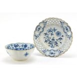 Meissen pierced plate and a fluted sugar bowl, each hand painted in the Blue Onion pattern,