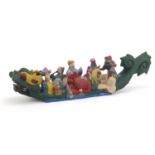 Large hand painted Chinese model of figures in a dragon boat, 56.5cm wide : For Further Condition