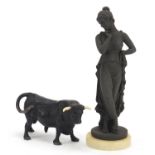 Bronzed figure of a classical female and a bronzed bull, the largest 17.5cm high : For Further