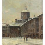 Sergio Maggi Pisy - Snowy town scene, signed oil on board, mounted, framed and glazed, 37cm x 33.5cm