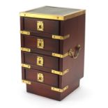 Campaign style mahogany four drawer jewellery chest with leather top and carrying handles, 37.5cm