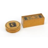 Early Tunbridge ware white wood painted box and a satinwood snuff box decorated with a penny red