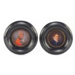 Pair of circular portrait miniatures of gentlemen, each housed in ebonised frames, each 6cm in
