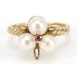 9ct gold pearl and purple stone ring, size L, 3.4g : For Further Condition Reports Please Visit