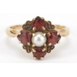 Victorian style garnet and pearl ring, size O, 3.4g : For Further Condition Reports Please Visit Our