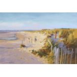 Sheila Goodman - Low tide at East Head, Wittering, pastel, label verso, mounted, framed and