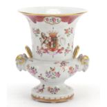 Samson porcelain vase with twin rams head handles, hand painted with an armorial crest and