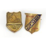 Victorian cycling interest brass skirt clip with lozenge and an enamelled Cirencester Cycling Club