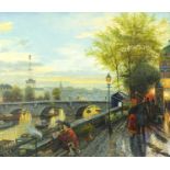 After Thomas Kinkade - Figures walking on an embankment before a city, American school oil on canvas