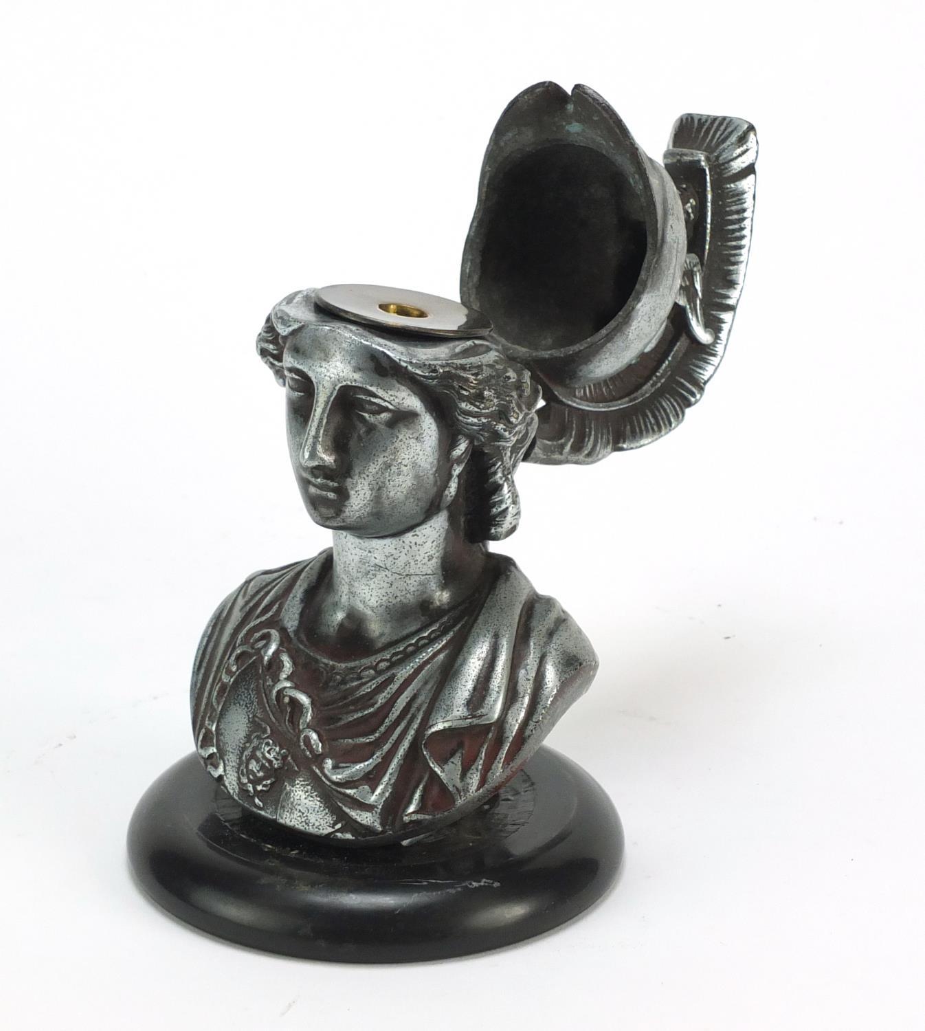 Silvered metal gladiator bust design inkwell with glass liner on circular black slate base, 19cm - Image 16 of 16