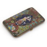Japanese gilt metal cloisonné cigarette case enamelled with a figure and flowers, 9cm high : For