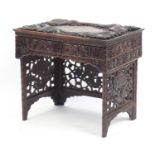 Chinese carved hardwood travelling scribes desk profusely carved with dragons, 65cm H x 71cm W