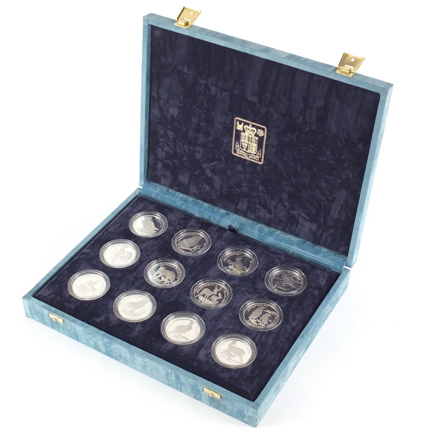 Cook Island Endangered Wildlife silver proof coin collection comprising twelve fifty dollars with