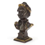 French partially gilt bronzed bust of a young boy smoking, De Eerste Proef, 16.5cm high : For
