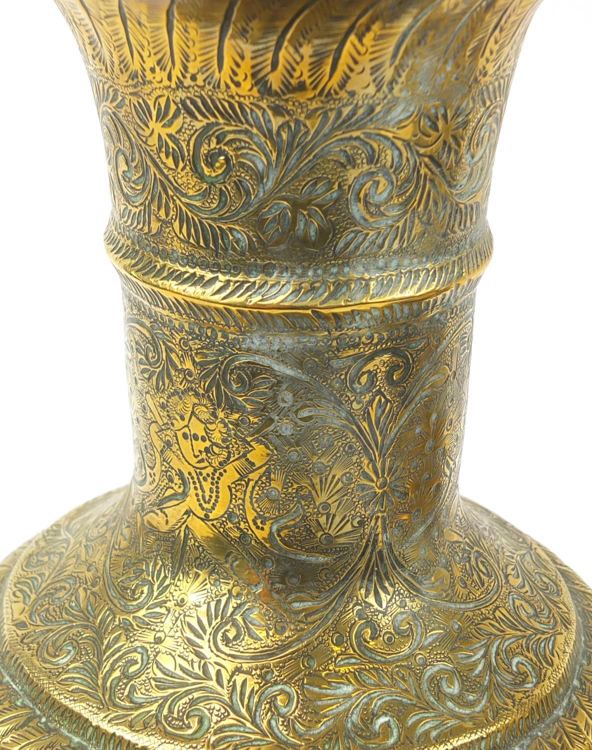 Large pair of Indian brass vases engraved with figures, animals and flowers, each 53cm high : For - Image 6 of 8