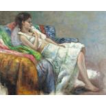 After Pina Daeni - Scantily dressed female, Italian impressionist oil, framed, 54.5cm x 42.5cm : For