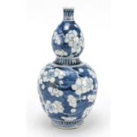 Chinese blue and white porcelain double gourd vase, hand painted with prunus flowers, 26.5cm