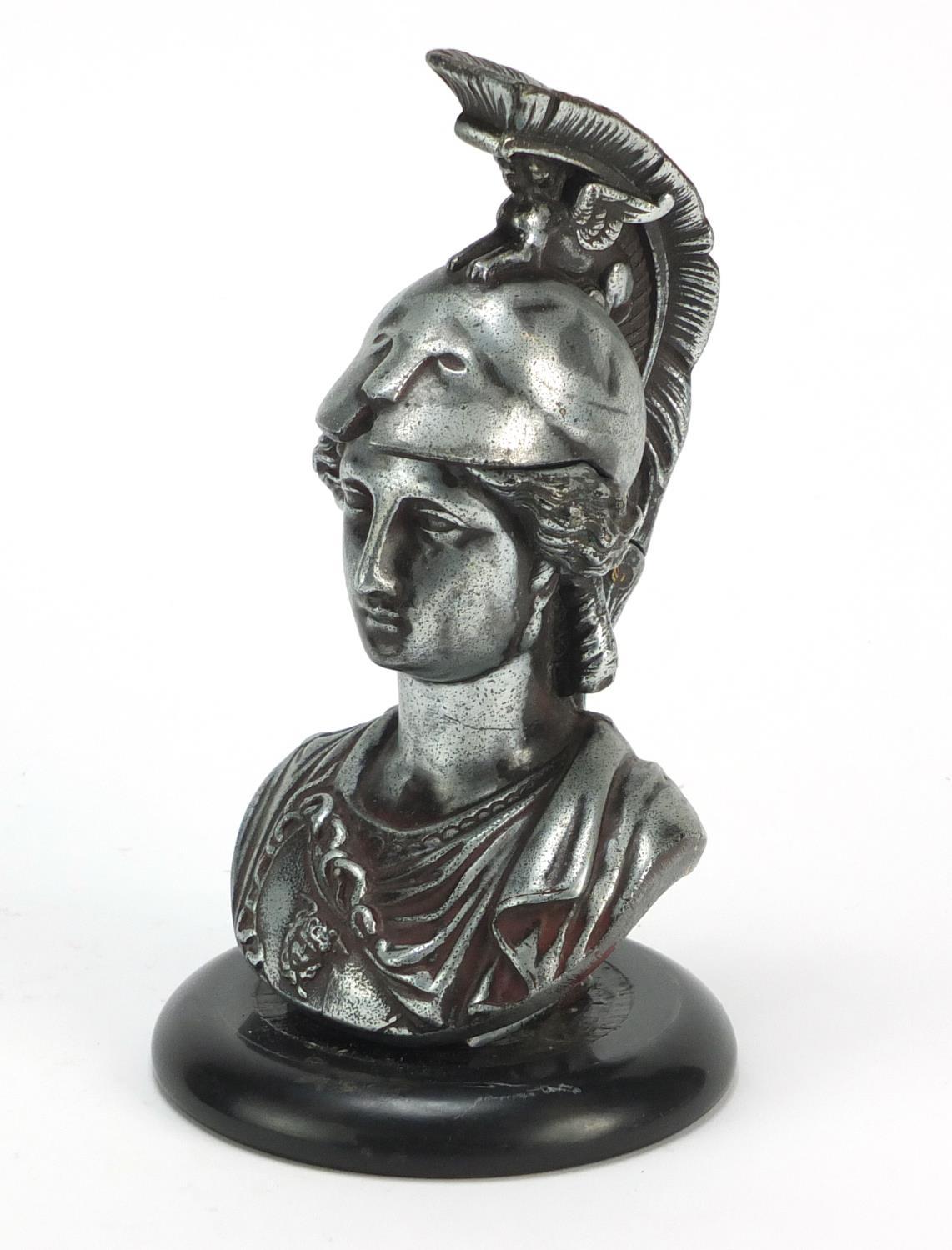 Silvered metal gladiator bust design inkwell with glass liner on circular black slate base, 19cm - Image 2 of 16