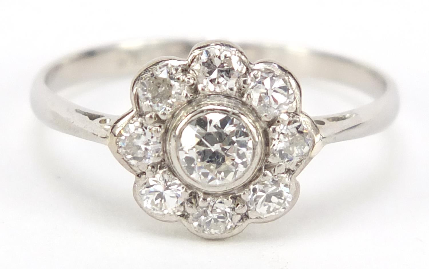 Art Deco platinum and diamond flower head ring, size P, 2.3g : For Further Condition Reports