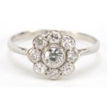 Art Deco platinum and diamond flower head ring, size P, 2.3g : For Further Condition Reports
