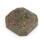 Chinese patinated bronze dragon and phoenix design seal with character marks, 4.5cm x 4.5cm : For