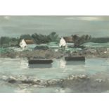 Georges Laporte - Boats before cottages, pencil signed print, limited edition 175/175, mounted,
