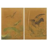 Pair of Chinese watercolour's on silks depicting birds of paradise, each with calligraphy and signed