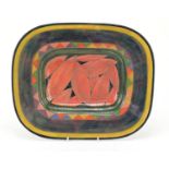 Modernist hand painted pottery platter by Pauline Zelinski, 37cm wide : For Further Condition