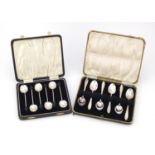 Set of six silver coffee bean spoons, Birmingham hallmarked and a set of six silver plated