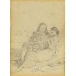 John Absolon RI - Courting couple, pencil on paper, label verso, mounted and framed, 9cm x 6cm : For