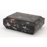 Victorian black lacquered sewing box with mother of pearl inlay, decorated with a bird amongst