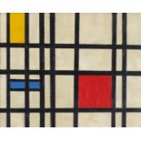 After Piet Mondrian - Abstract composition, geometric shapes, oil on board, framed, 25.5cm x 20.