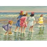 Children paddling in the sea, American school oil on canvas, framed 37.5cm x 27cm : For Further